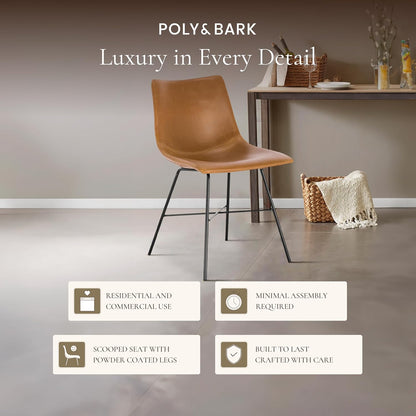 POLY & BARK Paxton Leather Dining Chairs – Set of 2 Modern Dining Room Chairs with Low Back – Faux Leather Upholstery and Matte Black Steel Base – Comfortable Seating for Stylish Interiors – Tan