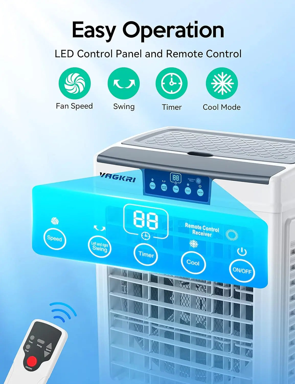 Evaporative Air Cooler, VAGKRI 9.2Gallon-12Gallon, 120°Oscillation Air Cooler with Remote Control, 24H Timer, 3 Modes & Wind Speeds for Outdoor Indoor Use, 2100-3000CFM Swamp Cooler #Summervibes